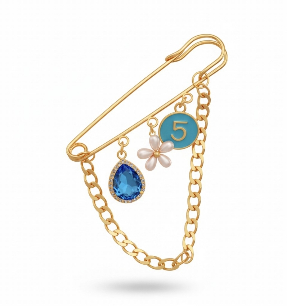 Gold-Tone Blue‎ Teardrop Charm Safety Pin Brooch with Flower and Number Charm